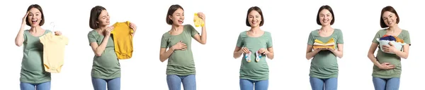Σετ Ευτυχισμένης Νεαρής Εγκύου Μωρουδιακά Ρούχα Που Απομονώνονται Λευκό — Φωτογραφία Αρχείου