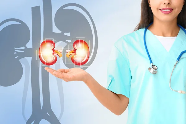 Doctor and kidneys on virtual screen against light background