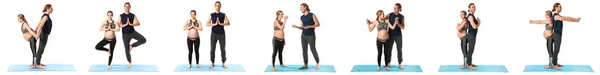 Set Young Pregnant Couple Practicing Yoga White Background — Stock fotografie