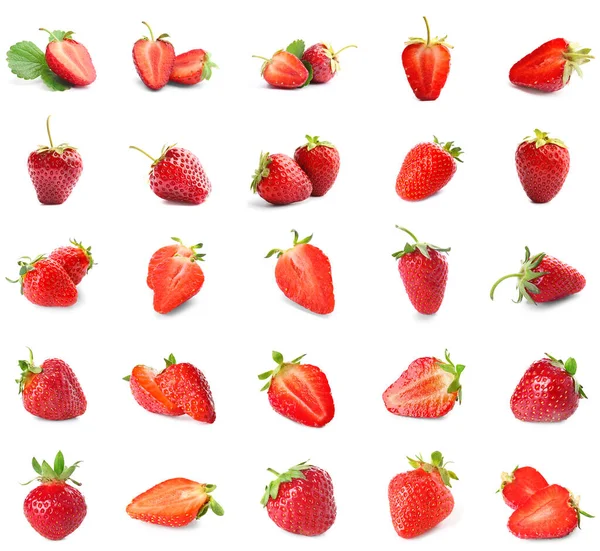Set Süßer Reifer Erdbeeren Isoliert Auf Weiß — Stockfoto