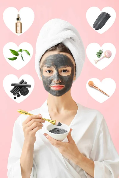 Collage Young Woman Applying Charcoal Facial Mask Pink Background — Stockfoto