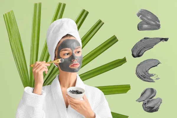Collage Med Ung Kvinna Applicera Träkol Ansiktsmask — Stockfoto