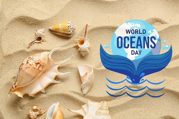 Card World Ocean Day Different Sea Shells Beach Sand — Stock Fotó