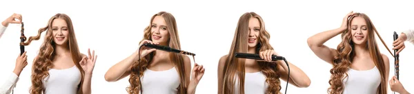 Set Beautiful Young Woman Curling Flattening Iron Hair Isolated White — Stock Photo, Image