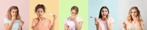 Set Upset Young Women Pregnancy Tests Colorful Background —  Fotos de Stock