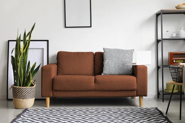 Interior Light Living Room Brown Sofa — Stok fotoğraf