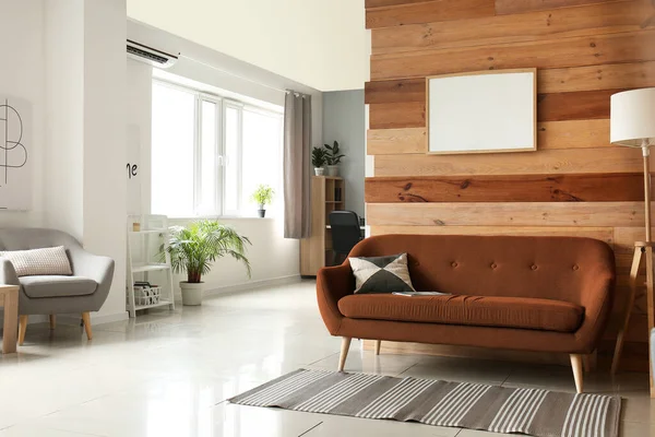 Interior Light Studio Apartment Sofa Wooden Wall — Stock Photo, Image