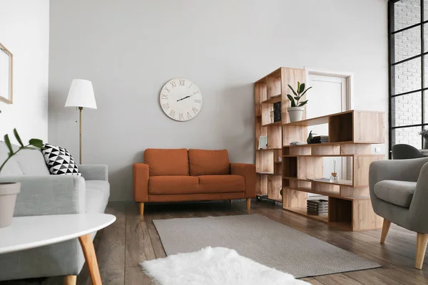 Interior Light Studio Apartment Sofas Shelf Unit — Stock Photo, Image