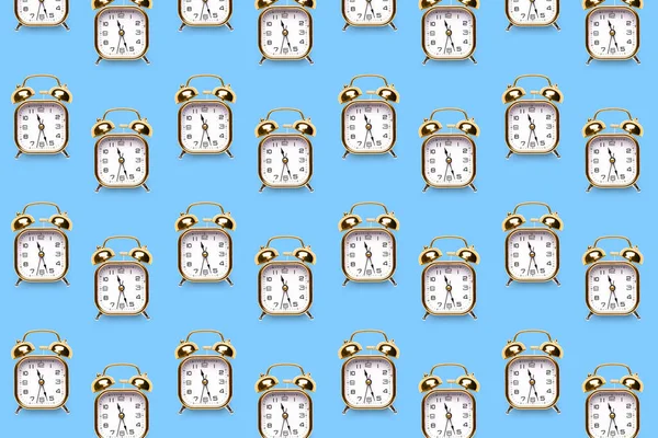 Many Alarm Clocks Light Blue Background Pattern Design — Zdjęcie stockowe