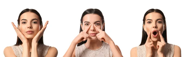 Set Young Woman Doing Face Building Exercises White Background — 스톡 사진