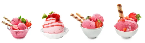 Set Tasty Strawberry Ice Cream White Background — Stock Photo, Image