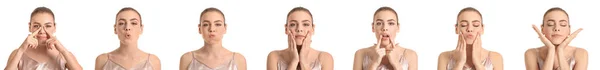 Set Young Woman Doing Face Building Exercises White Background — Stockfoto