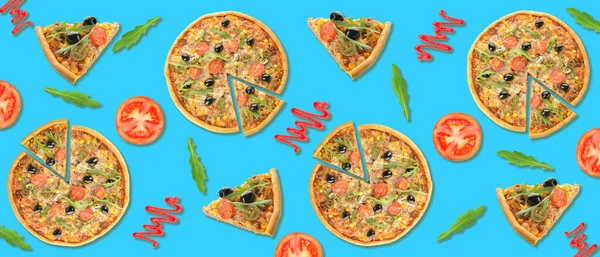 Muitas Pizzas Saborosas Ingredientes Fundo Azul Textura Para Design — Fotografia de Stock