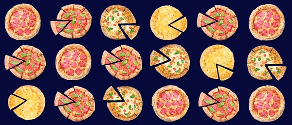 Many Tasty Pizzas Dark Background Texture Design — Fotografie, imagine de stoc