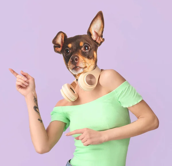 Funny Dancing Dog Human Body Lilac Background — 스톡 사진