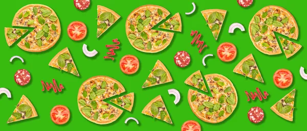 Many Tasty Pizzas Ingredients Green Background Texture Design — Stockfoto