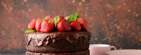 Tasty Chocolate Cake Strawberries Grunge Background — Stockfoto
