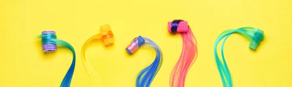 Strands Unusual Bright Hair Curlers Yellow Background — Fotografia de Stock