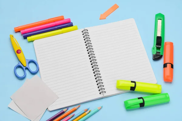 Blank Notebook Stationery Supplies Blue Background — 图库照片