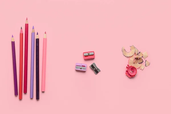 Pencils Sharpeners Pink Background — Stock Photo, Image