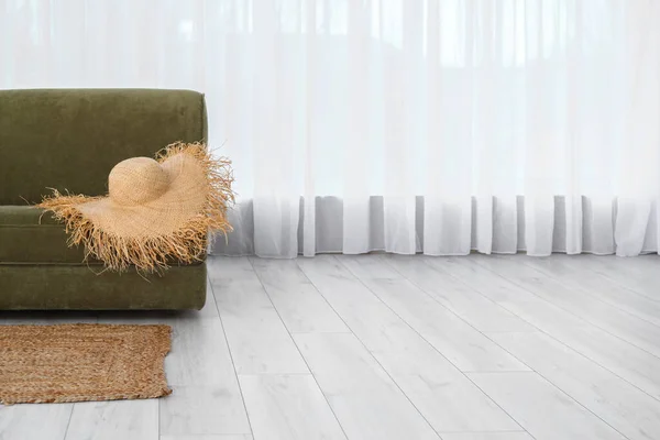 Comfortable Sofa Wicker Hat Big Window Living Room — Stock Fotó