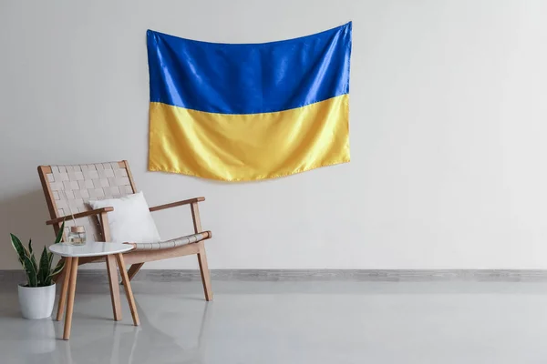 Comfortable Armchair Flag Ukraine Hanging White Wall — Stock Photo, Image