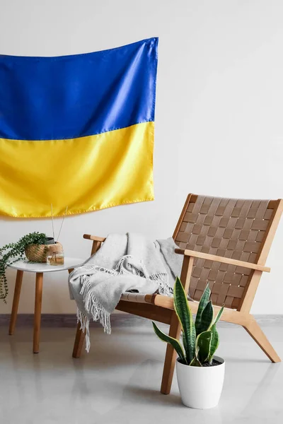 Comfortable Armchair Houseplant Flag Ukraine Hanging White Wall — Stock Photo, Image