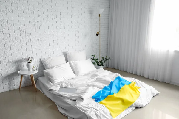 Interior Light Bedroom Flag Ukraine Comfortable Bed — Stock Photo, Image