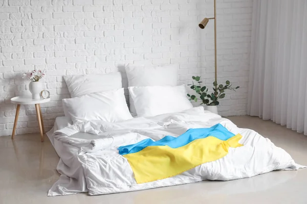 Interior Light Bedroom Flag Ukraine Comfortable Bed — Stock Photo, Image