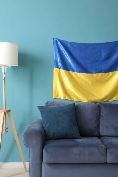 Comfortable Sofa Floor Lamp Flag Ukraine Hanging Color Wall — Stock Photo, Image