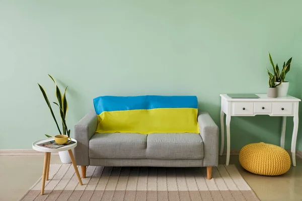Interior Living Room Comfortable Sofa Flag Ukraine Color Wall — Stock Photo, Image
