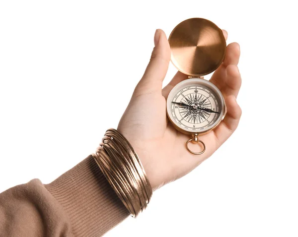 Vrouw Met Gouden Kompas Witte Achtergrond — Stockfoto