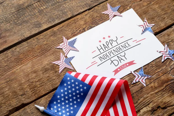 Greeting Card Text Happy Independence Day Stars Usa Flag Wooden — Stockfoto