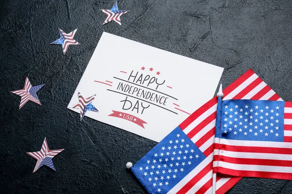 Greeting Card Text Happy Independence Day Stars Usa Flags Dark — Stock Photo, Image