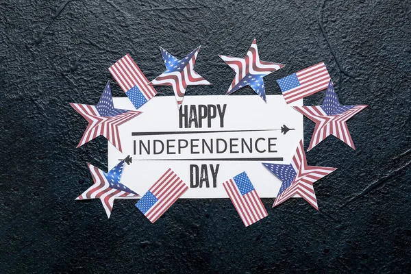 Greeting Card Text Happy Independence Day Stars Usa Flags Dark — Stock Photo, Image