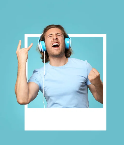 Emotional Young Man Looking Out Frame Listening Music Blue Background — 스톡 사진