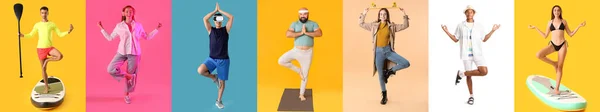 Set Different Meditating People Colorful Background Concept Harmony Self Control — 图库照片