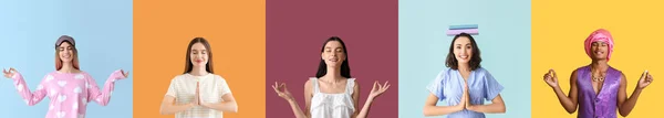 Set Meditating People Colorful Background Concept Harmony Self Control — 스톡 사진