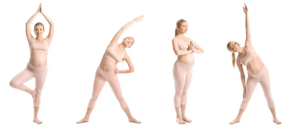 Uppsättning Ung Gravid Kvinna Utövar Yoga Vit Bakgrund — Stockfoto