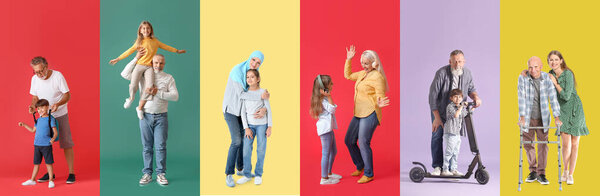 Set of elderly people and grandchildren on colorful background