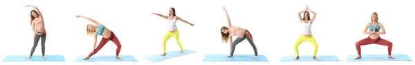 Uppsättning Unga Gravida Kvinnor Som Utövar Yoga Vit Bakgrund — Stockfoto