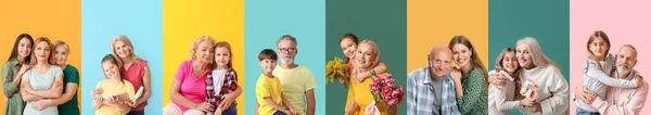 Set Elderly People Grandchildren Colorful Background — ストック写真