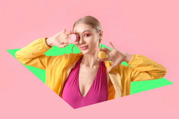 Beautiful Fashionable Woman Macarons Pink Background — Stock Photo, Image