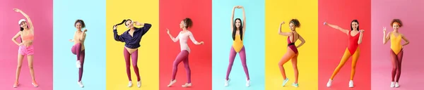 Set Van Jonge Vrouwen Doen Aerobics Kleurrijke Achtergrond — Stockfoto