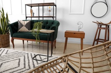 Modern oturma odasının içinde şık bir kanepe ve bitkiler var.