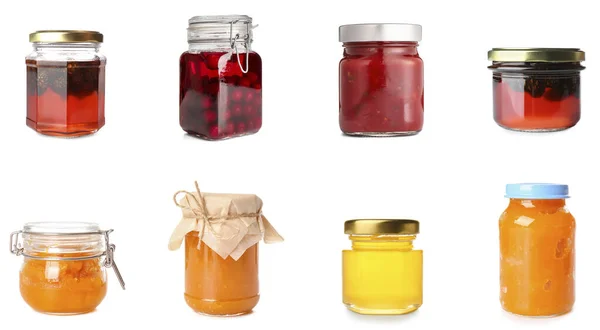 Set Jars Sweet Jams Honey White Background — Foto Stock