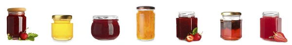 白い背景に甘いジャムと蜂蜜と瓶のセット — ストック写真