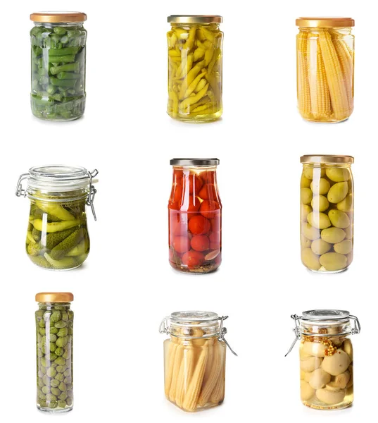 Set Jars Canned Vegetables White Background — Stockfoto