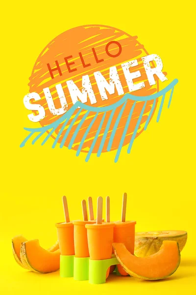 Смачне Морозиво Текстом Hello Summer Жовтому Фоні — стокове фото