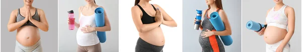 Set Young Pregnant Women Practicing Yoga Light Background — Stok fotoğraf
